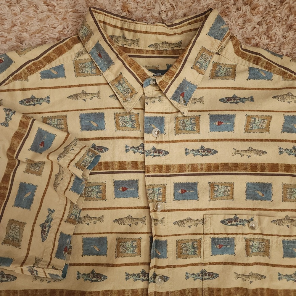 Woolrich Fishing Pattern Mens XXL Oxford Short Sleeve Shirt